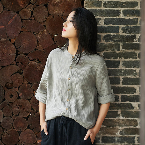 Women Casual Style Wrinkle Linen and Cotton Long Sleeve Cardigan Shirt