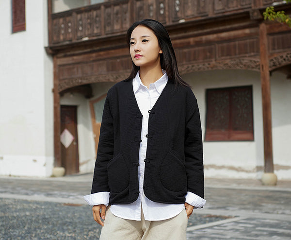 Women Casual Style Wrinkle Linen and Cotton Long Sleeve Quilted Cardigan Shirt