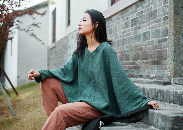 Women Casual Style Linen and Cotton Long Sleeve Loose T-shirt
