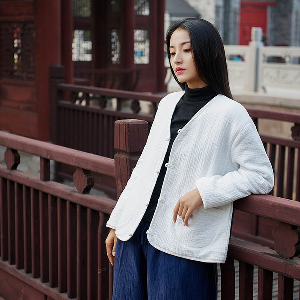 Women Casual Style Wrinkle Linen and Cotton Long Sleeve Quilted Cardigan Shirt