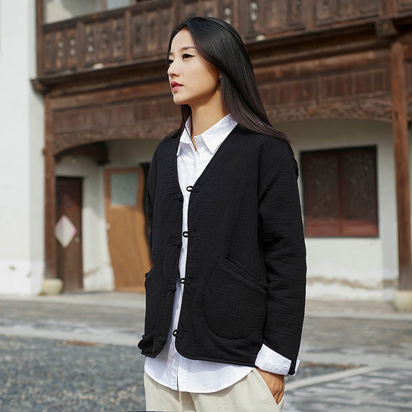 Women Casual Style Wrinkle Linen and Cotton Long Sleeve Quilted Cardigan Shirt