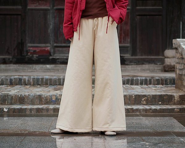 Women Linen and Cotton Wide Leg Quilted Pants