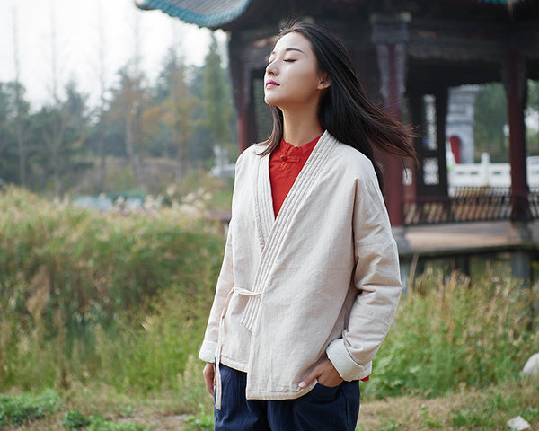 Women Eastern Zen Style Linen and Cotton Long Sleeve Quilted Short Coat