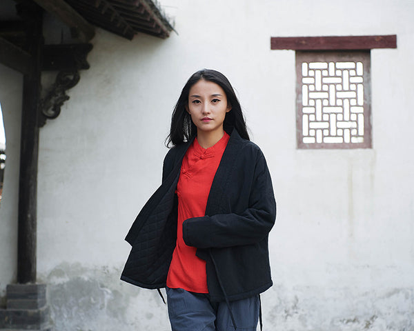 Women Eastern Zen Style Linen and Cotton Long Sleeve Quilted Short Coat