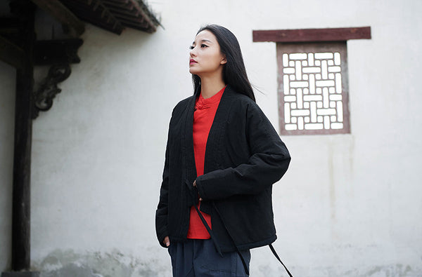 Women Eastern Zen Style Linen and Cotton Long Sleeve Quilted Short Coat