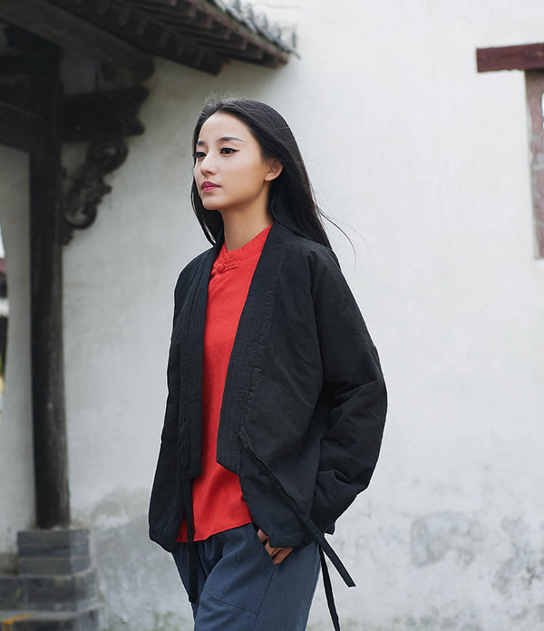 Women Eastern Zen Style Linen and Cotton Long Sleeve Quilted Short Coat