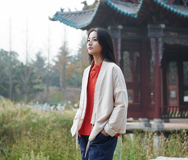 Women Eastern Zen Style Linen and Cotton Long Sleeve Quilted Short Coat