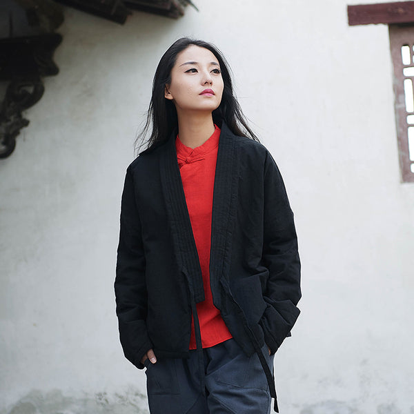 Women Eastern Zen Style Linen and Cotton Long Sleeve Quilted Short Coat
