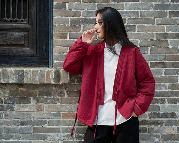 Women Eastern Zen Style Linen and Cotton Long Sleeve Quilted Short Coat