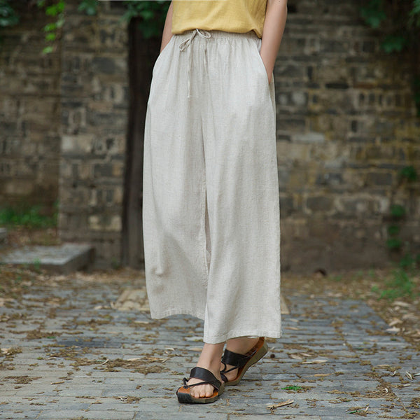 Women Linen and Cotton Yoga Style Wide Leg Cropped Pants