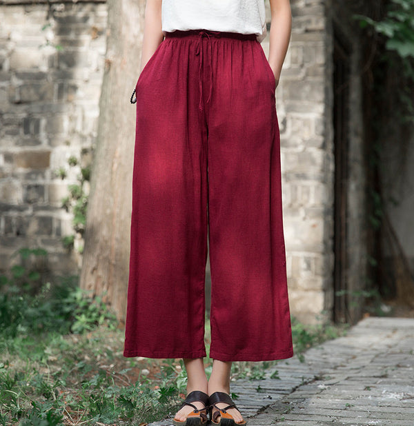 Women Linen and Cotton Yoga Style Wide Leg Cropped Pants