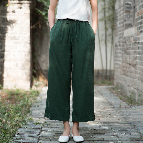 Women Linen and Cotton Yoga Style Wide Leg Cropped Pants