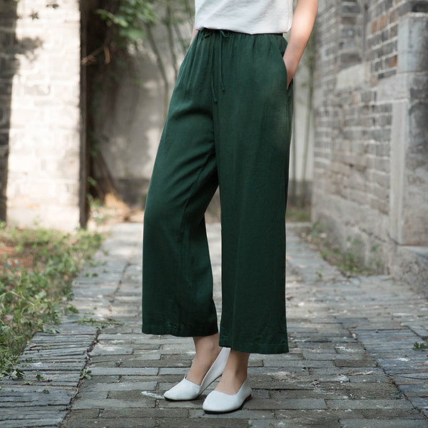 Women Linen and Cotton Yoga Style Wide Leg Cropped Pants