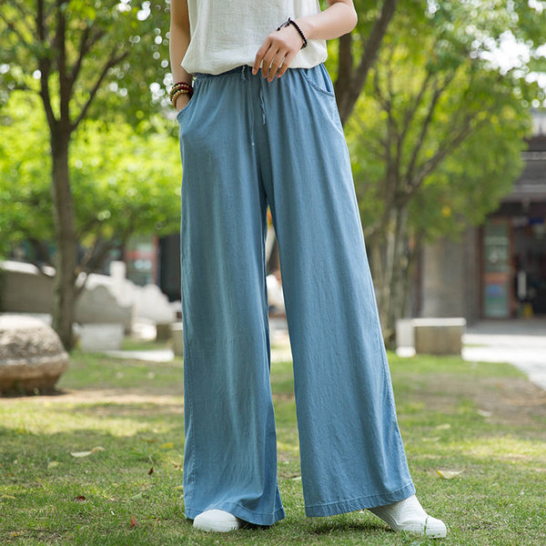 Women Sand Washed Jean Style Wide Leg Pants