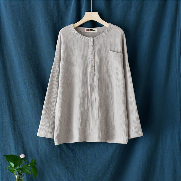 Women Simple Top Buckle Linen and Cotton Long Sleeve Loose T-shirt