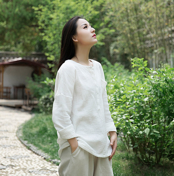 Women Simple Top Buckle Linen and Cotton Long Sleeve Loose T-shirt