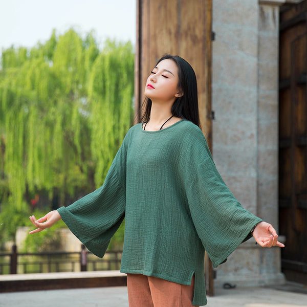 Women Retro Style Linen and Cotton Long Sleeve Loose T-shirt