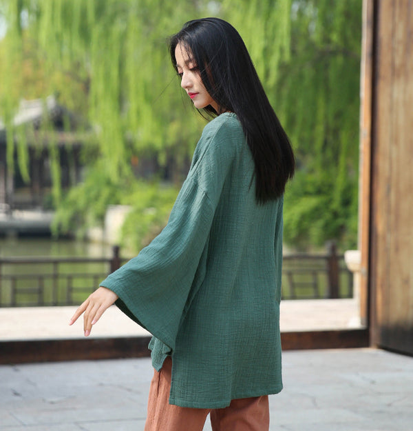 Women Retro Style Linen and Cotton Long Sleeve Loose T-shirt