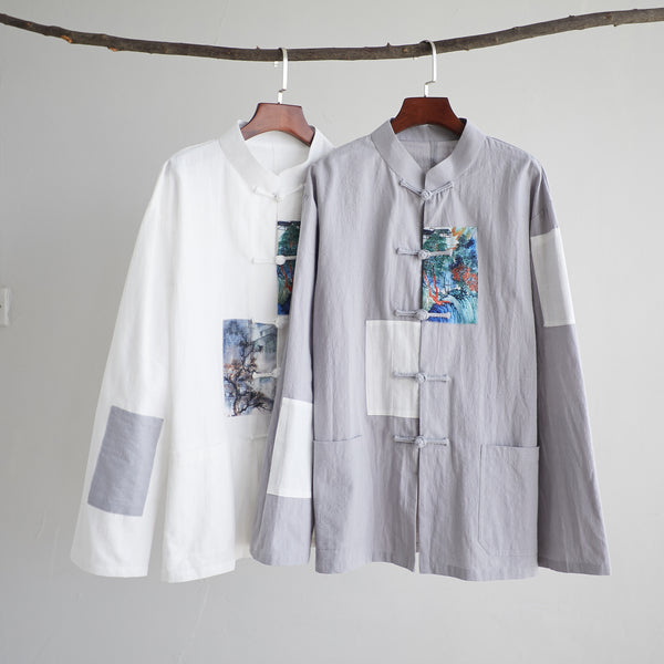 Men Chinese Style Linen and Cotton Long Sleeve Jacket