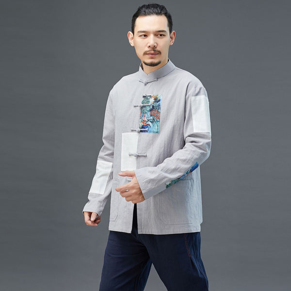 Men Chinese Style Linen and Cotton Long Sleeve Jacket