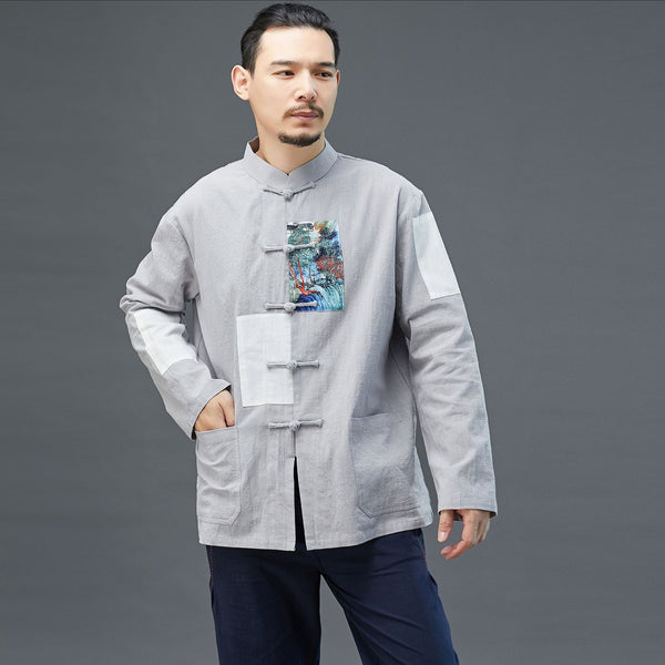 Men Chinese Style Linen and Cotton Long Sleeve Jacket