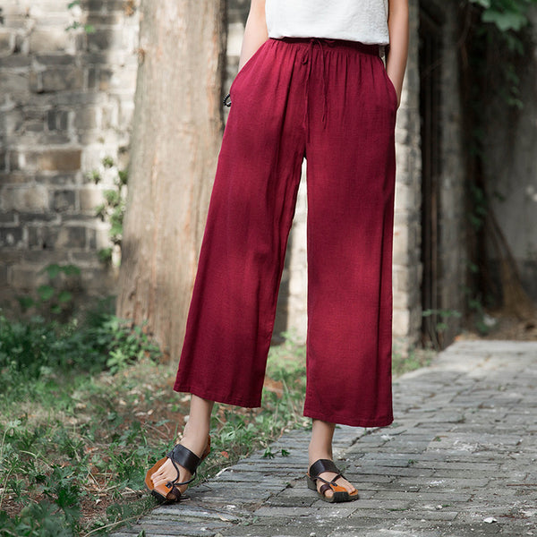 Women Linen and Cotton Yoga Style Wide Leg Cropped Pants