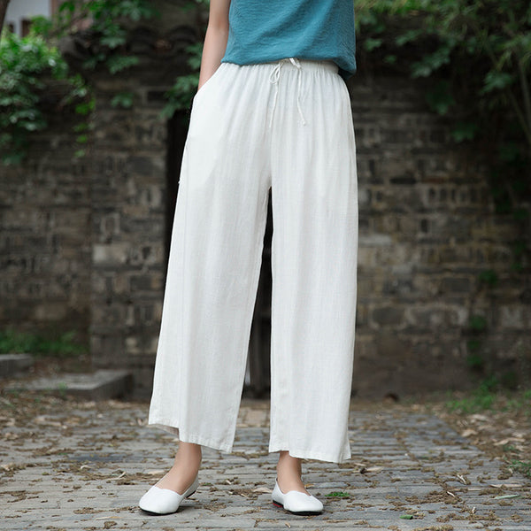Women Linen and Cotton Yoga Style Wide Leg Cropped Pants