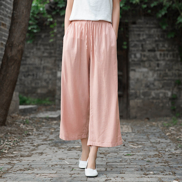 Women Linen and Cotton Yoga Style Wide Leg Cropped Pants