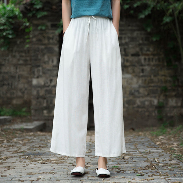 Women Linen and Cotton Yoga Style Wide Leg Cropped Pants