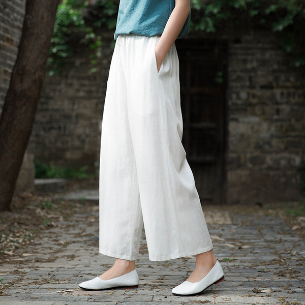 Women Linen and Cotton Yoga Style Wide Leg Cropped Pants