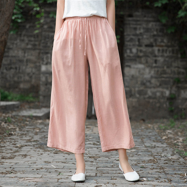 Women Linen and Cotton Yoga Style Wide Leg Cropped Pants