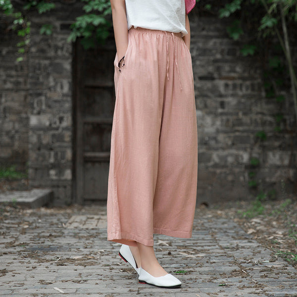 Women Linen and Cotton Yoga Style Wide Leg Cropped Pants