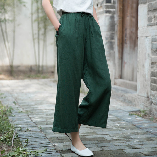 Women Linen and Cotton Yoga Style Wide Leg Cropped Pants