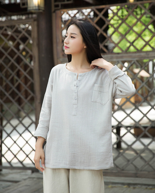 Women Simple Top Buckle Linen and Cotton Long Sleeve Loose T-shirt