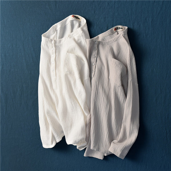 Women Simple Top Buckle Linen and Cotton Long Sleeve Loose T-shirt