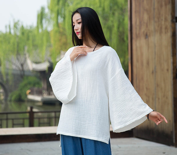Women Retro Style Linen and Cotton Long Sleeve Loose T-shirt