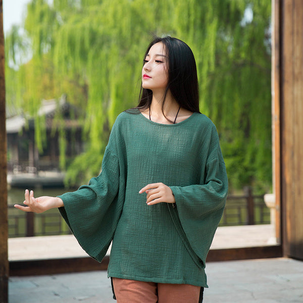 Women Retro Style Linen and Cotton Long Sleeve Loose T-shirt