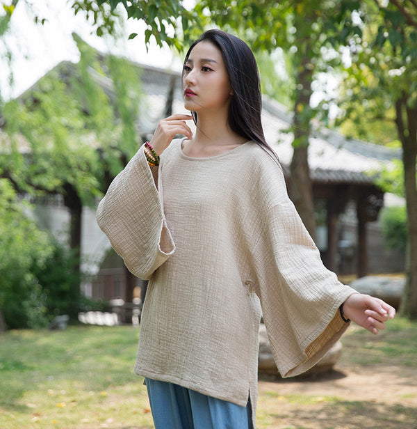 Women Retro Style Linen and Cotton Long Sleeve Loose T-shirt