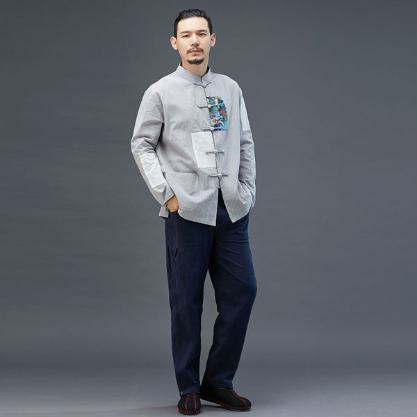 Men Chinese Style Linen and Cotton Long Sleeve Jacket