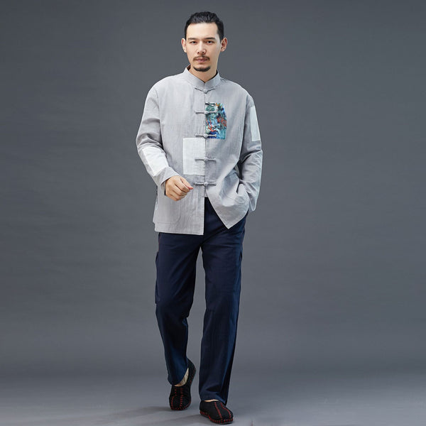 Men Chinese Style Linen and Cotton Long Sleeve Jacket