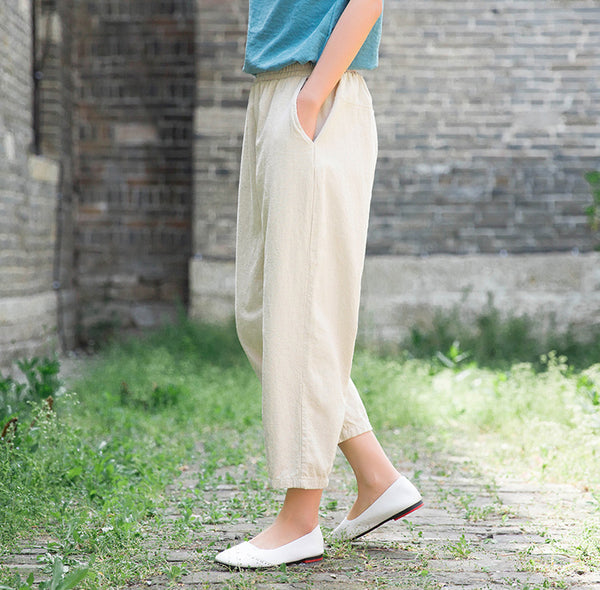 Women Linen and Cotton Comfort Style Cropped Pants