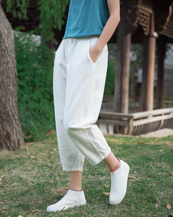Women Linen and Cotton Comfort Style Cropped Pants
