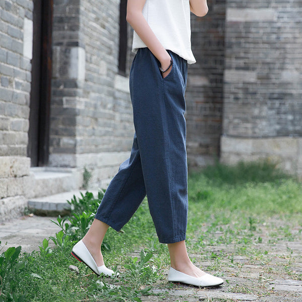 Women Linen and Cotton Comfort Style Cropped Pants