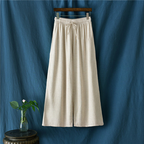 Women Linen and Cotton Yoga Style Wide Leg Cropped Pants