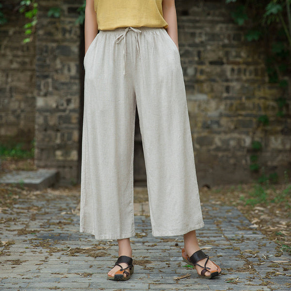Women Linen and Cotton Yoga Style Wide Leg Cropped Pants