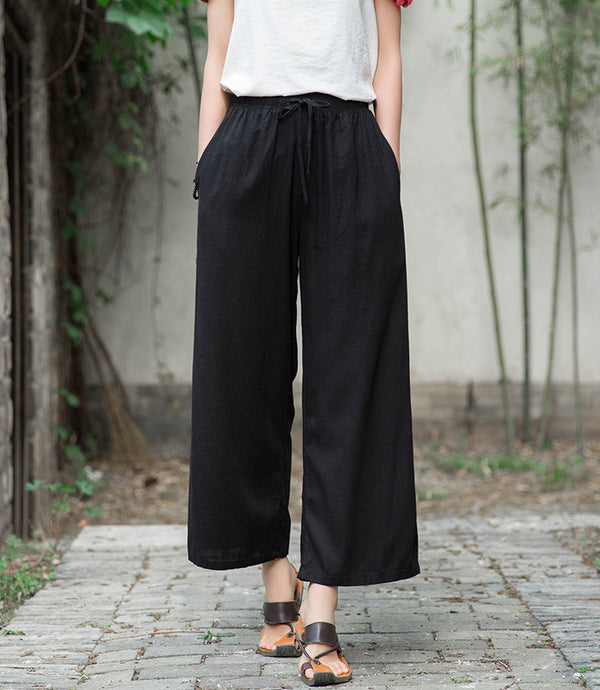 Women Linen and Cotton Yoga Style Wide Leg Cropped Pants