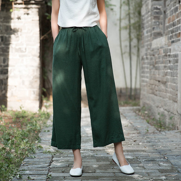 Women Linen and Cotton Yoga Style Wide Leg Cropped Pants