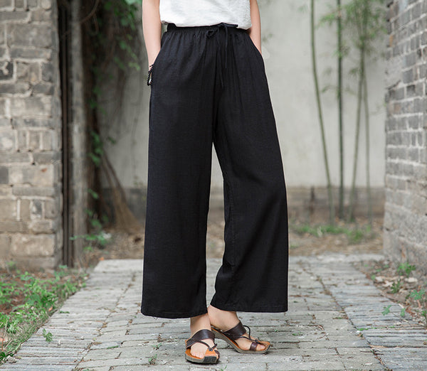Women Linen and Cotton Yoga Style Wide Leg Cropped Pants