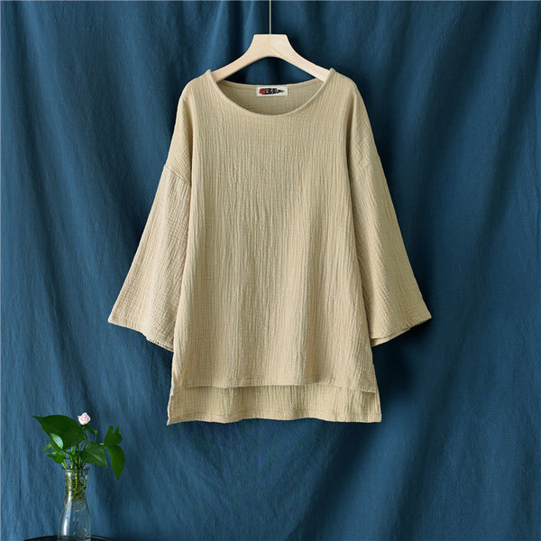Women Retro Style Linen and Cotton Long Sleeve Loose T-shirt