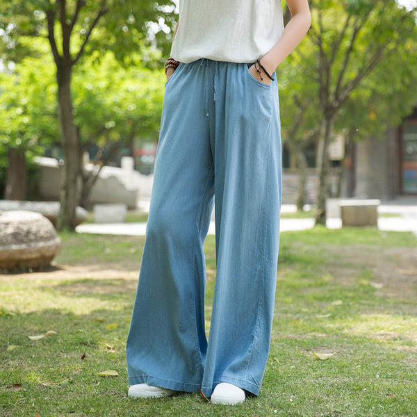 Women Sand Washed Jean Style Wide Leg Pants